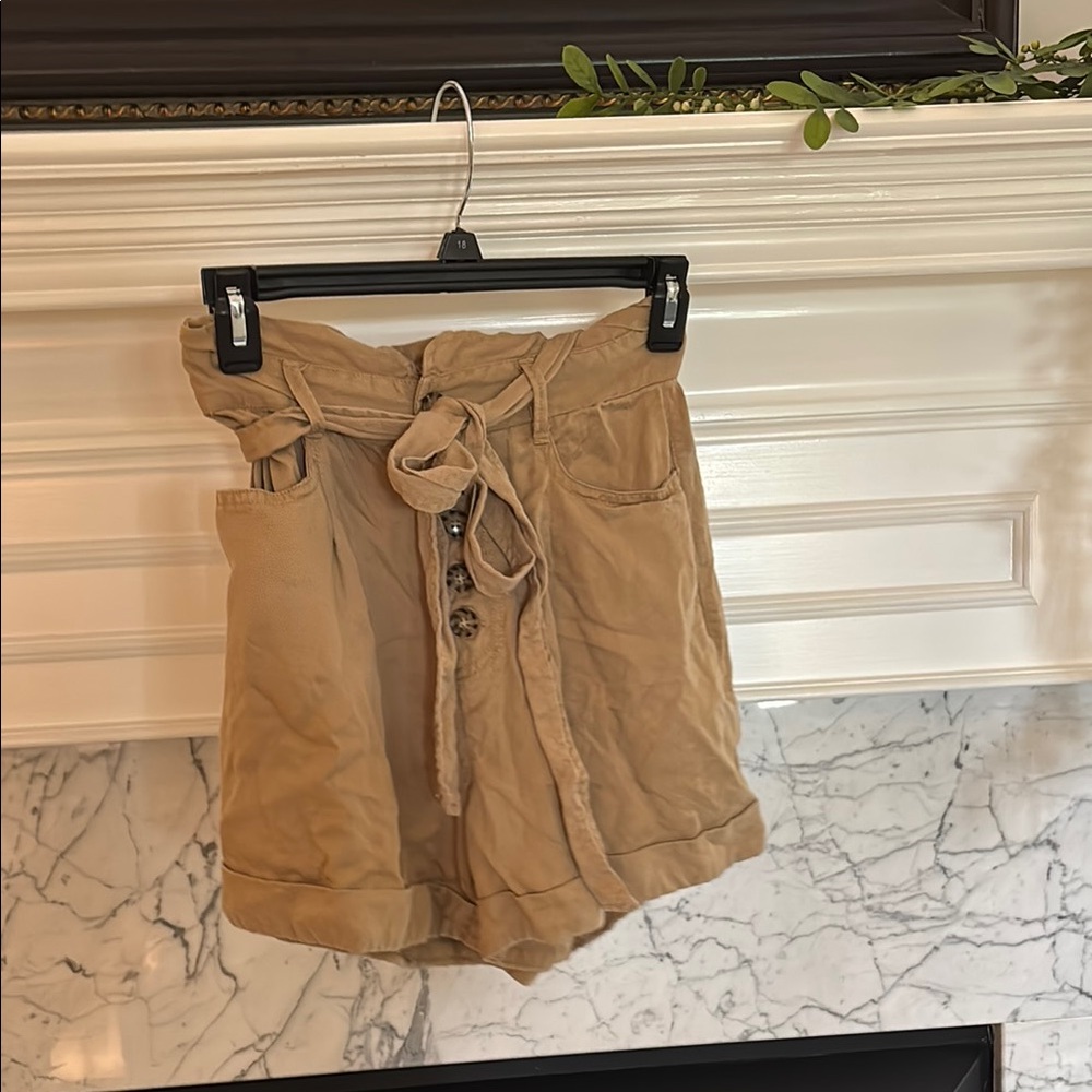High Waist Tan Women's Shorts with Tie Belt